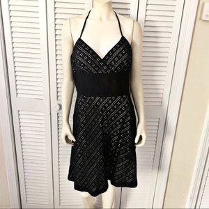 EUC WHBM Black & White Eyelet Overlay Fit & Flare Halter Dress - 12